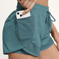 Women'S Elastic Sports Shorts, Shorts with Pockets, Fake Two-Piece Yoga Leggings Running and Training