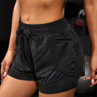 Women'S Elastic Sports Shorts, Shorts with Pockets, Fake Two-Piece Yoga Leggings Running and Training